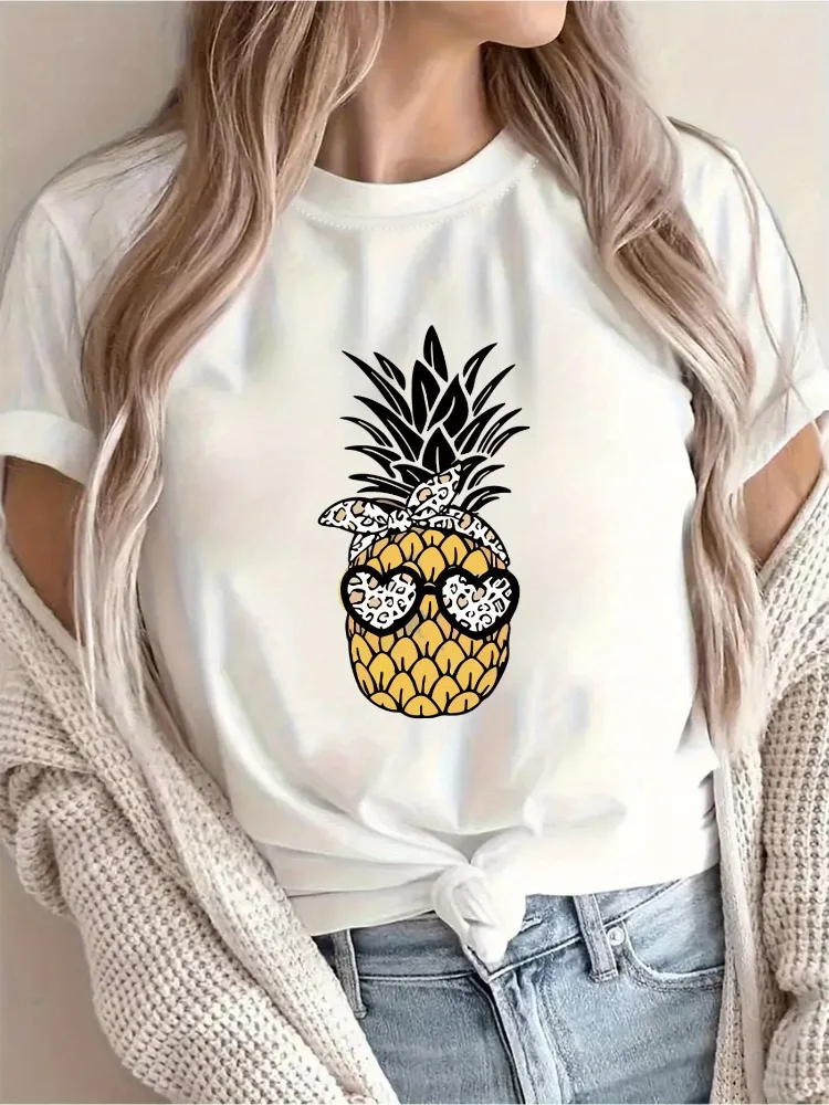 Recomendação de chegada nova: camiseta com estampa de abacaxi tropical para mulheres casual férias manga curta gola redonda camisa versátil