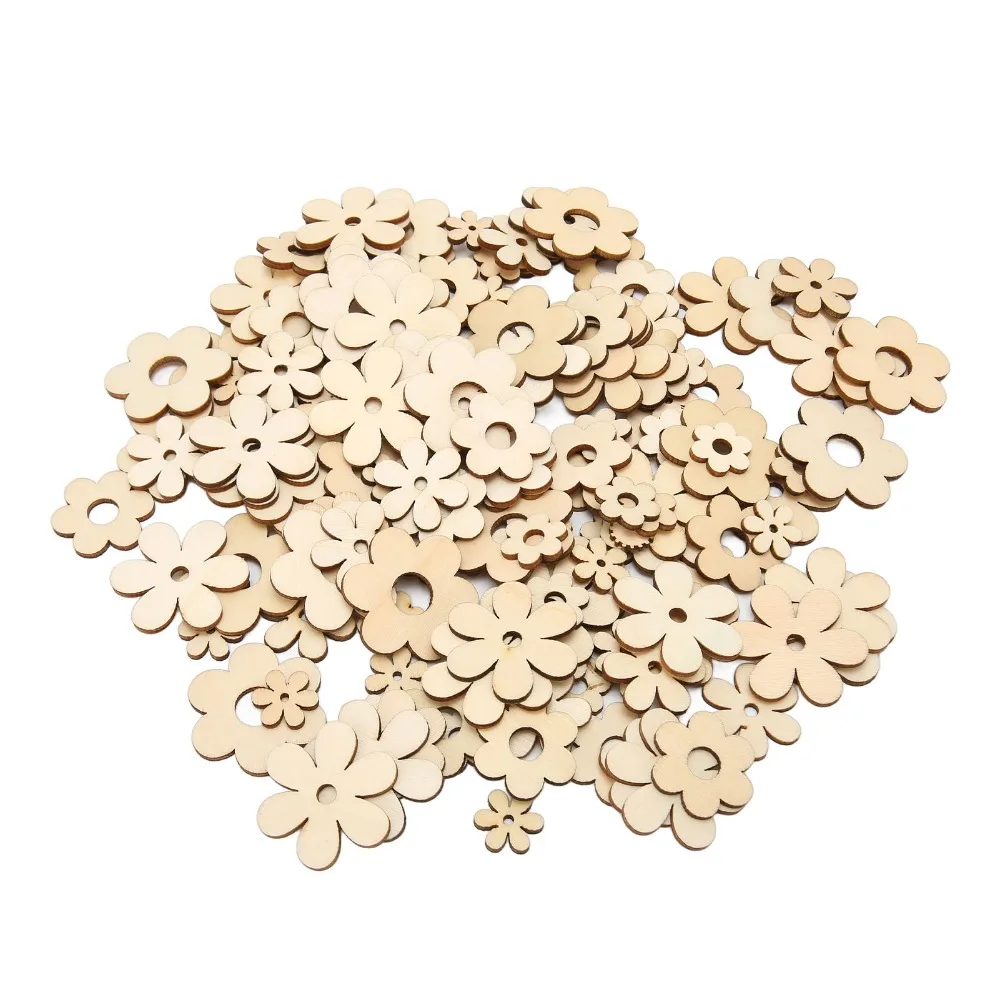 300Pcs Mixed Sizes Unfinished Wooden Cutouts Plum Blossom Shape Unfinished Surface Wooden Craft Cutouts Floral Wood Ornaments
