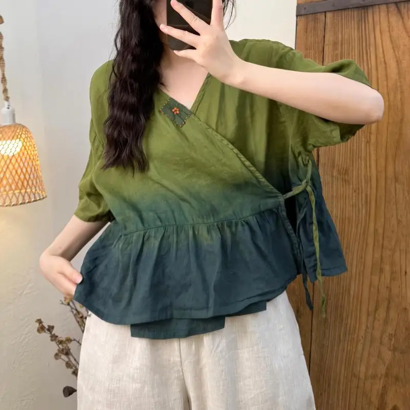 

Новый стиль искусства, летние женские свободные топы с короткими рукавами и v-образным вырезом, футболки с градиентом, хлопково-льняная шнуровка, винтажная футболка высокого качества TH57