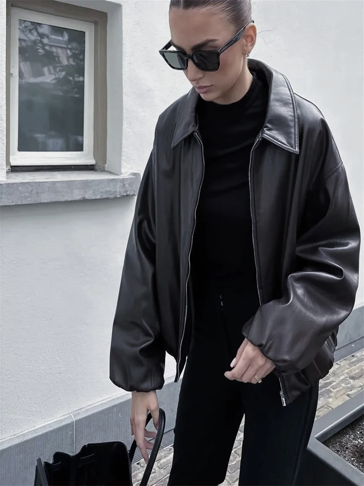 Nuovo autunno High-End Casual Faion Simulazione Pelle Colletto pilota Jaet Cappotto da donna Cerniera Vestibilità ampia Lungo Sve Regular L...