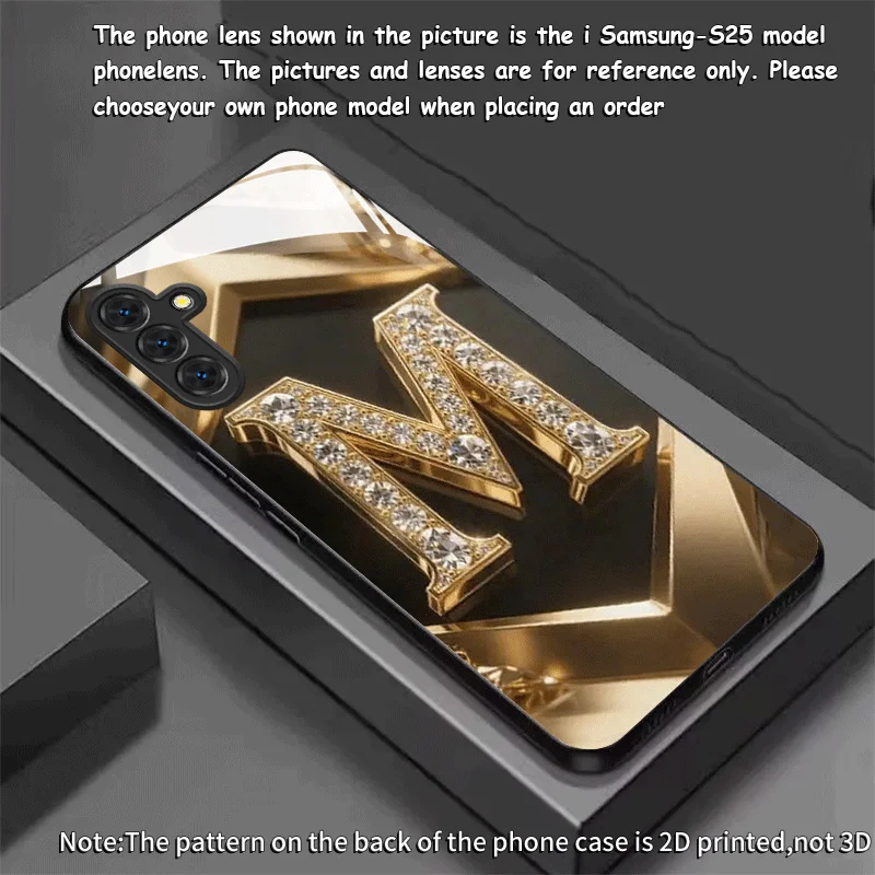 Glass phone case with diamond letter "M" pattern suitable for Samsung Galaxy S26 S25 S24 S23 S22 S21 S20 FE/Ultra/Plus anti drop