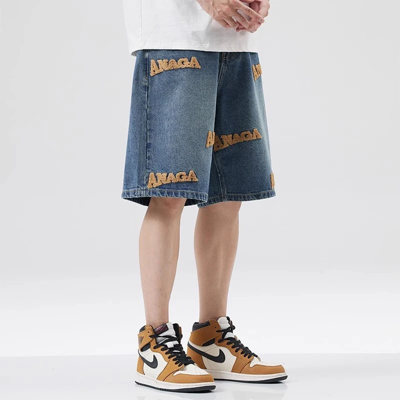 

2026 New Trend American HIP HOP Denim Short Pants Male Loose Straight Leg Pants Summer Lightweight Embroidered Casual Jeans