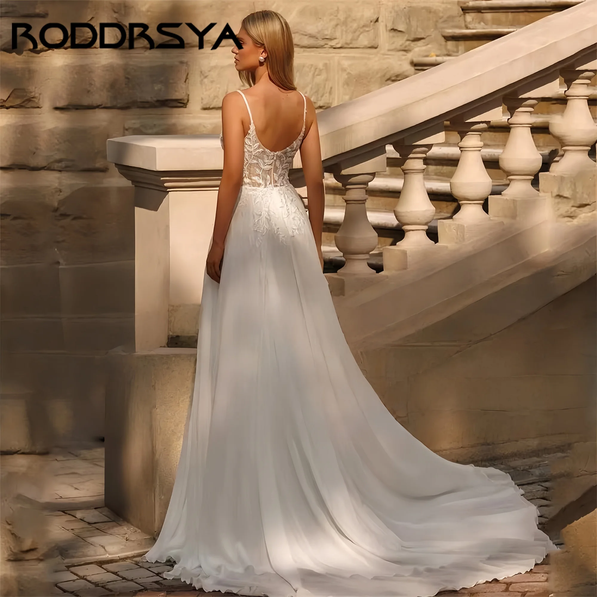 RODDRSYA Abiti da sposa classici a-line aperti sul retro Applique alta spacco senza spalline Abito da sposa Vestido De Noiva personalizzato ﻿ RODDRSYA Abiti da sposa classici a linea aperta indietro applicato cinghie a