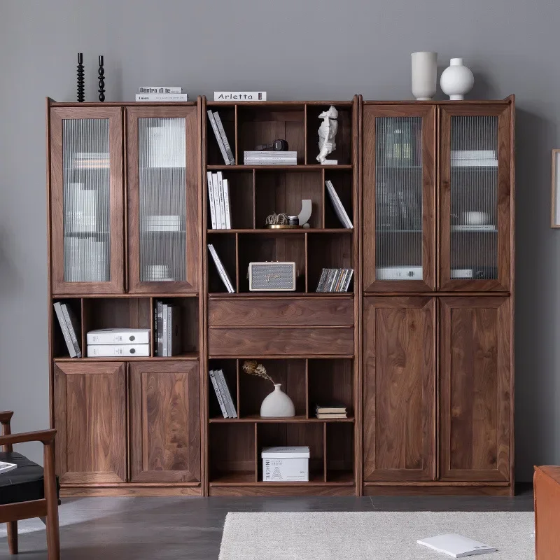 Nordic solid wood bookcase black walnut glass