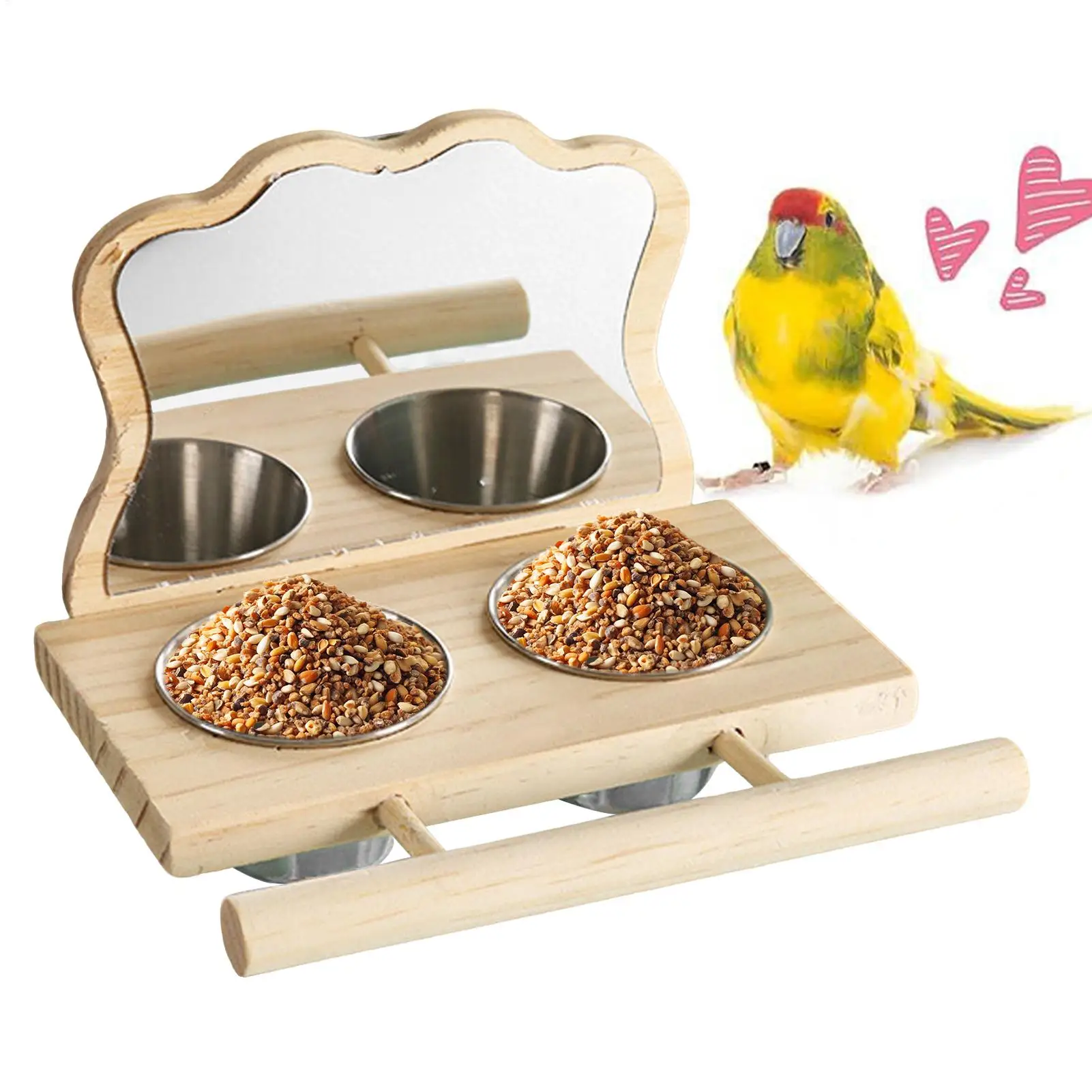 Holzspiegel für Papageien mit Futterbehältern, Hängender Abnehmbarer Edelstahl-Futterspender, Futter- und Wasserschalen für Papageien