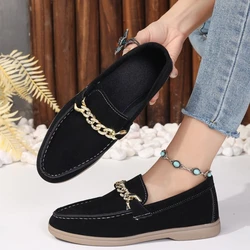 Designer Luxury Brand High Quality Casual Loafers Shoes Women Suede Leather Metal Chain Flat Walking Mocasines driving Shoe