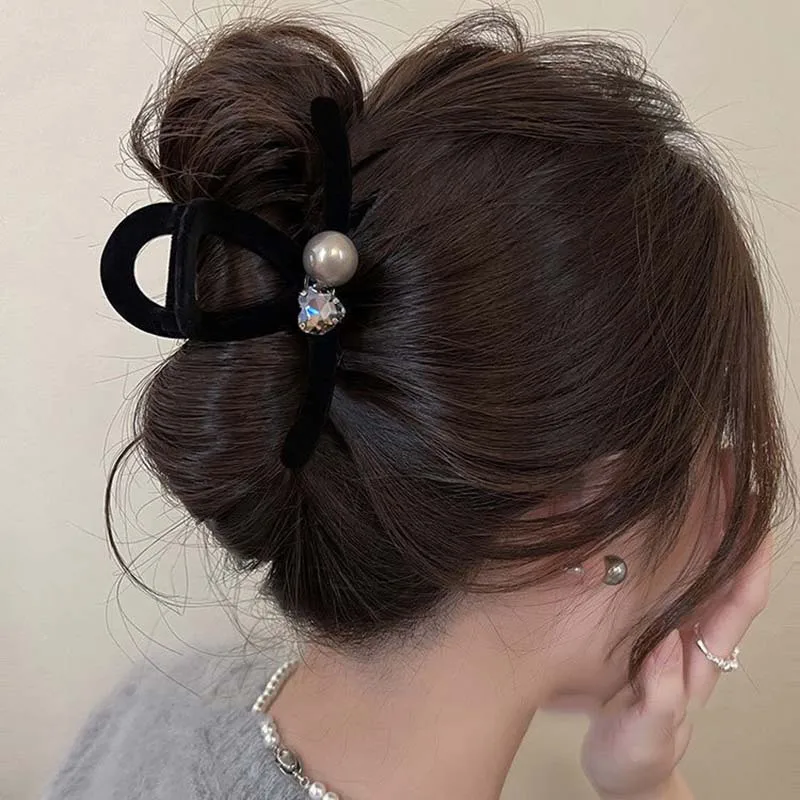 Black Velvet Hair Clip for Women Rhinestone Pearl Women Hair Claw Clips Large Size Hairpin Franch Spring Korean Hair Accessories