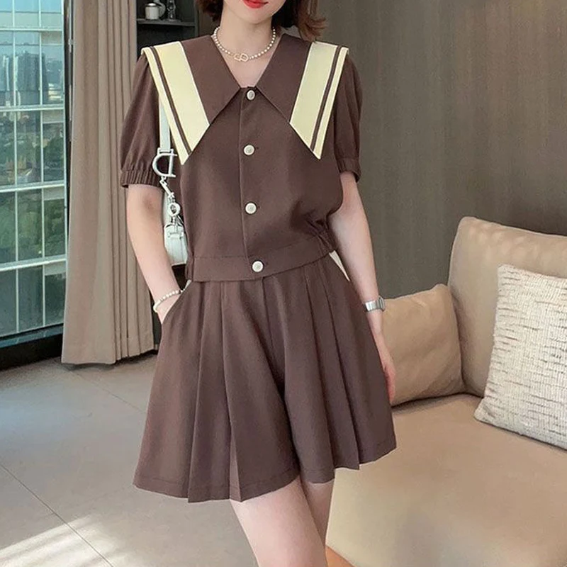 Summer Outfits for Women 2023 Preppy Style Contrast Color Kawaii Sweet Chic Short Sleeve Tops Y2K Pleated Wide Leg Shorts Sets