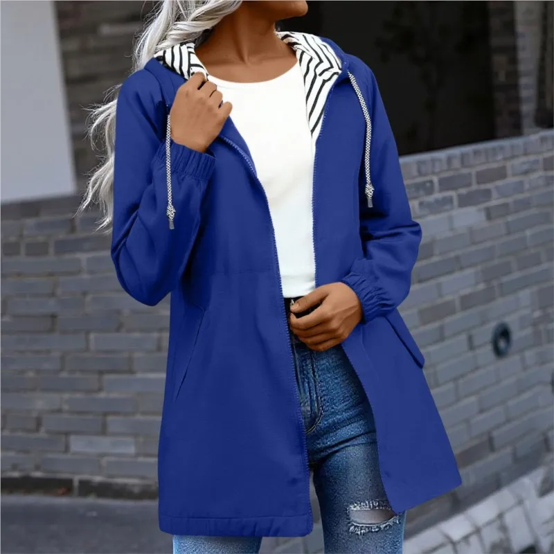 Outdoor Waterproof Windproof Mid-length Trench Coat Women's Hooded Raincoat with Striped Patchwork Drawstring for Autumn Winter