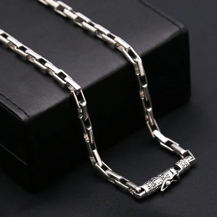 

S925 pure Thai silver silver plaid chain great bright mantra ring buckle vintage men's box chain Coarse Ore necklace