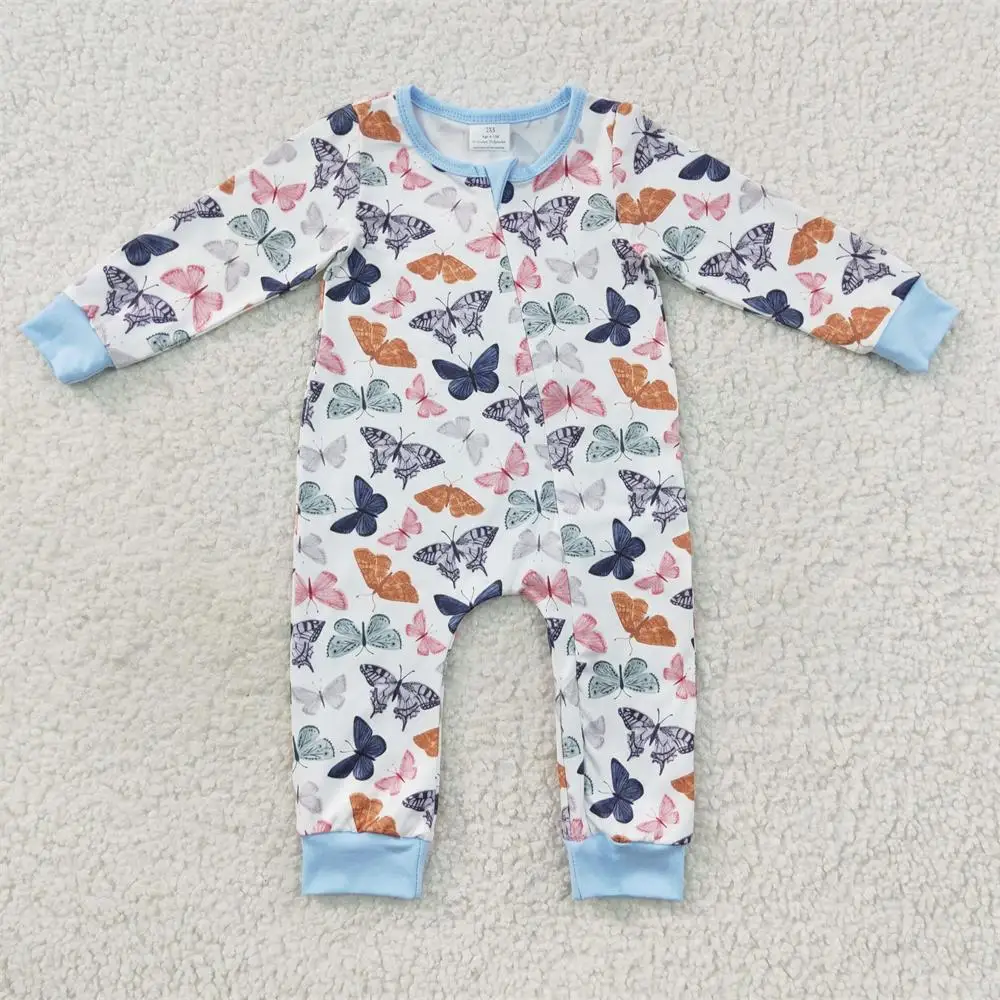 

Wholesale Newborn butterflies Zipper Long Sleeves Boy Girl Jumpsuit Kid Children Clothing Blue One-piece Romper Toddler Clothes