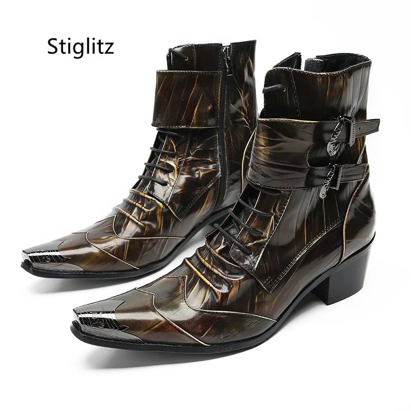 Double Buckle Patent Leather Ankle Boots for Men Metal Toe Zipper Brown Yellow Mixed Colors Short High Heel Boots Pleated Shoes