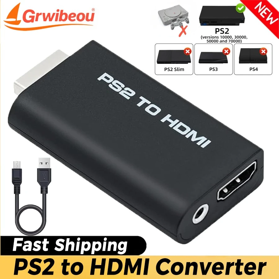 PS2 To HDMI-compatibale Adapter Audio Video Converter 480i/480p/576i with 3.5mm Audio Plug & Play Supports All PS2 To HD Display
