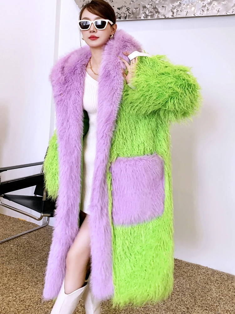 Lady Personalized Fluorescent Green Faux Fur Coat Hooded Long Jacket Female Streetwear Women\'s Winter Coats Performance Costume