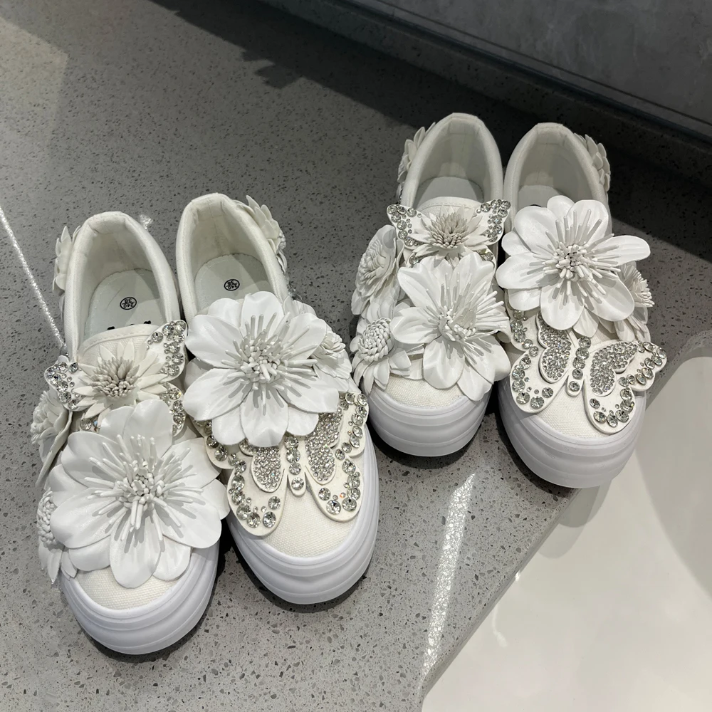 Bride Sneakers White 3cm Platform Comfortable Flower Crystal Bow High Quality Plus Size Round Toe Wide Foot Casual Canvas Shoes