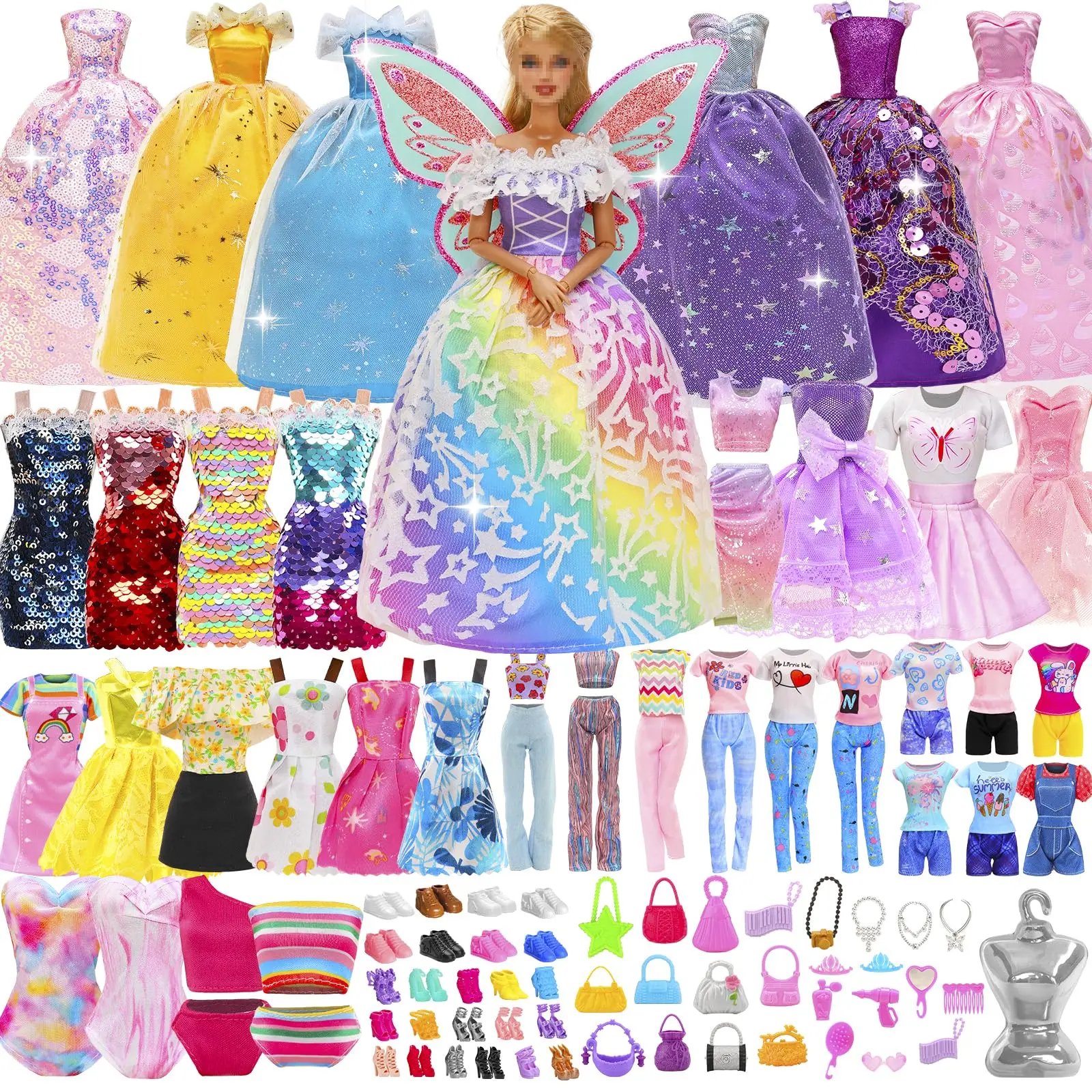 91 Pcs Doll Clothes and Accessories Including 14 Skirt 2Top/Pants 2 Swimsuit 15 Shoes 5 Bags 54 Other Accessories Clothes