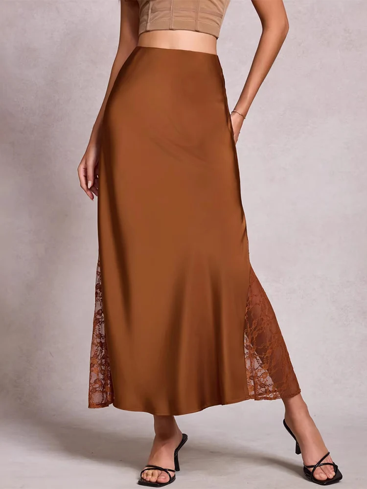 

Trendix Elegant Satin Maxi Skirt For Women High Waist Side Lace Sheer Mesh Skirts 2026 Summer Sexy Party Cocktail Evening Skirt