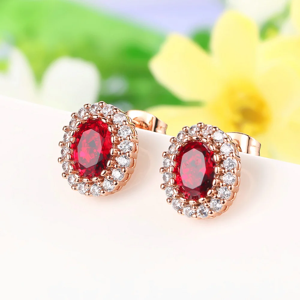 Simple Red Blue Green Crystal Stud Earrings for Women Rose Gold Color Ear Piercing Wedding Party Fashion Jewelry Female Gift