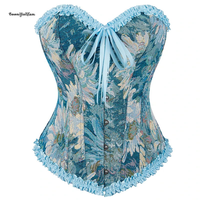 Full Breast Korsette Victorianos Corselet Vintage Bodices Plus Size Xs-xxl Blue Pleated Boned Corset For Women