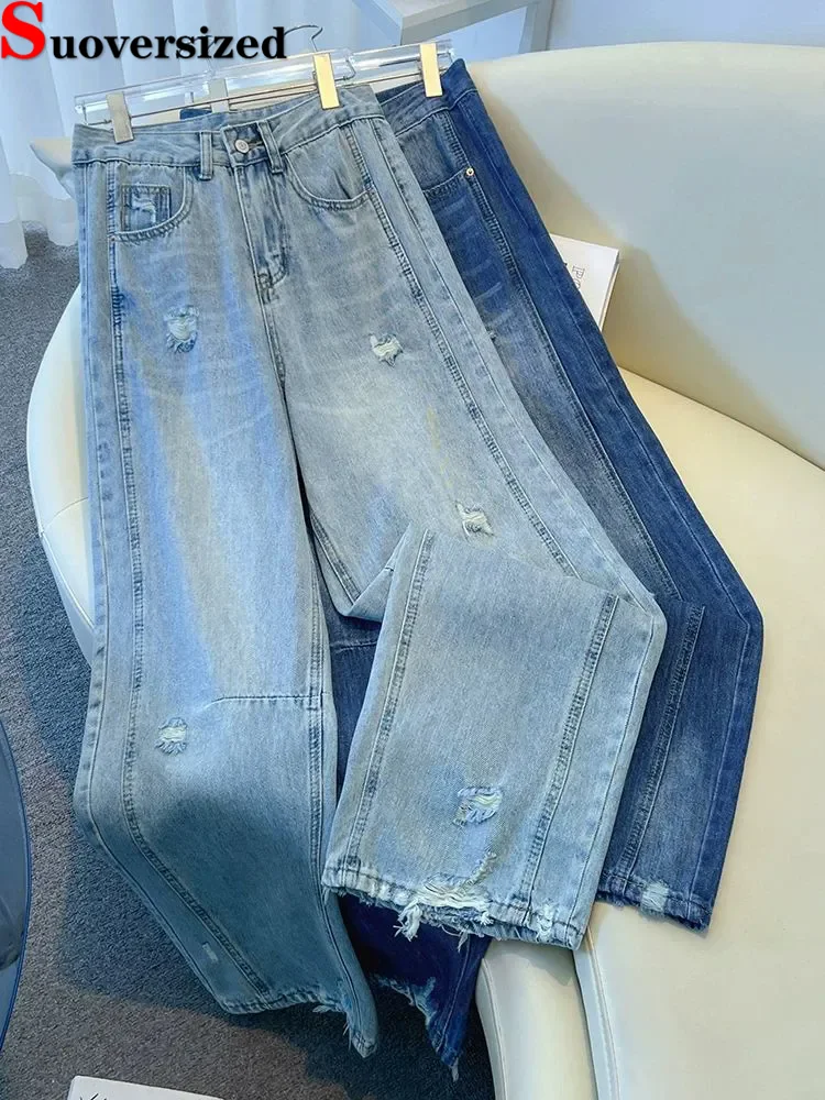 

Korean Hole Design Baggy Straight Jeans Women Casual High Waist Wide Leg Denim Pants Spring Fall Streetwear Fashion Vaqueros New