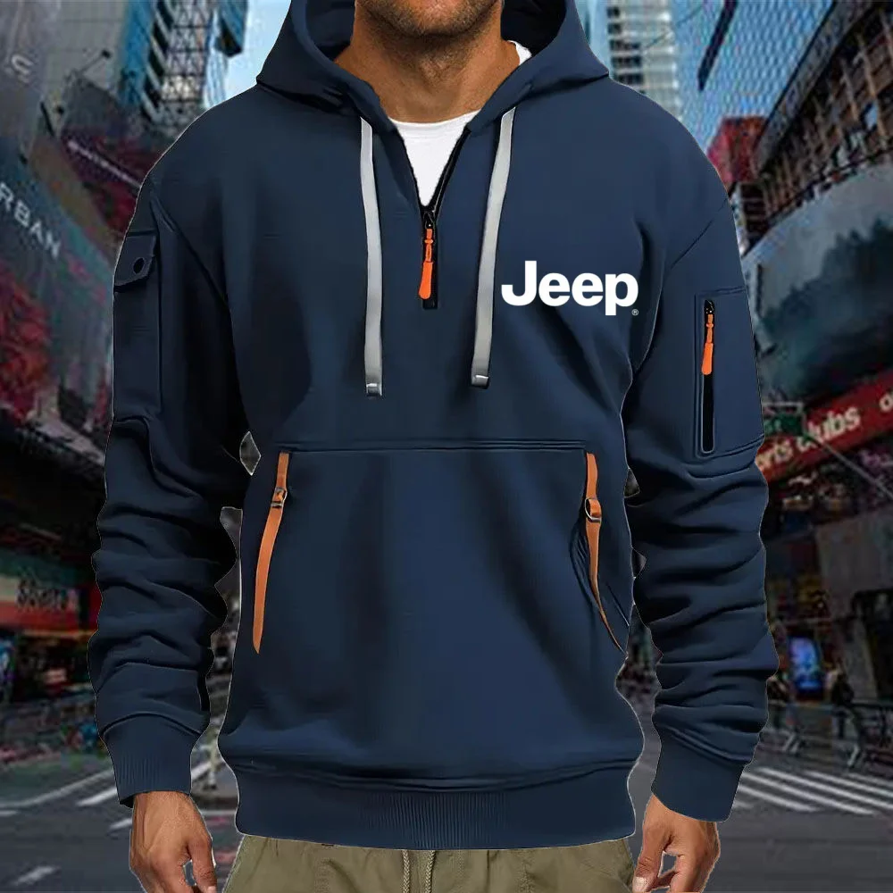 Jeep versatile high-quality men's fleece hoodie with multiple pockets and zippers, suitable for spring and autumn, casual and fa