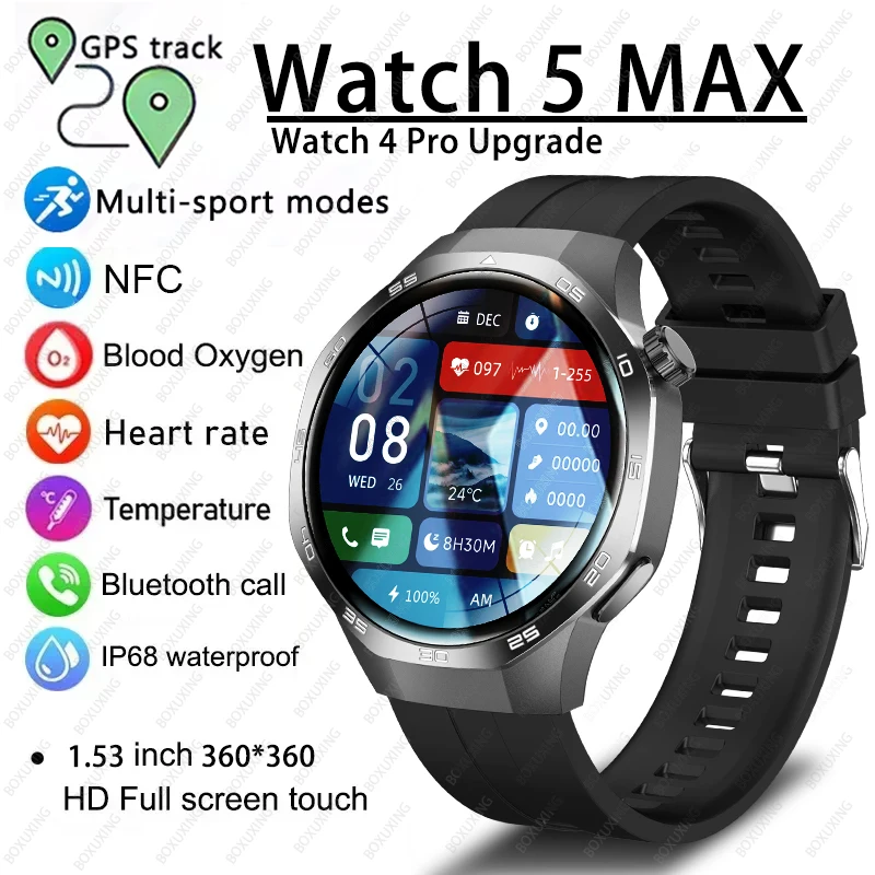 

Новые смарт-часы 2025 Watch 5 MAX с HD AMOLED-экраном, NFC, GPS-трекером, Bluetooth-звонками, водонепроницаемые, для спорта и здоровья, для мужчин и женщин