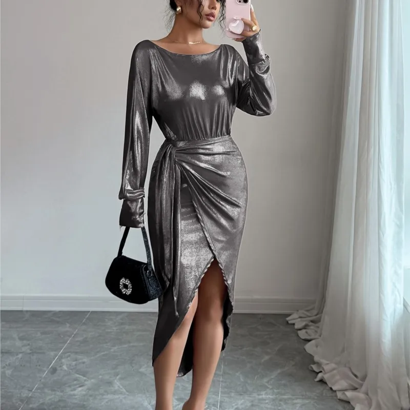 

Women's High-End Long Skirt Summer Round Neck Long Sleeved Waist Cinching Dress Party Club Dresses Long Sleeve Slim Sexy Dress