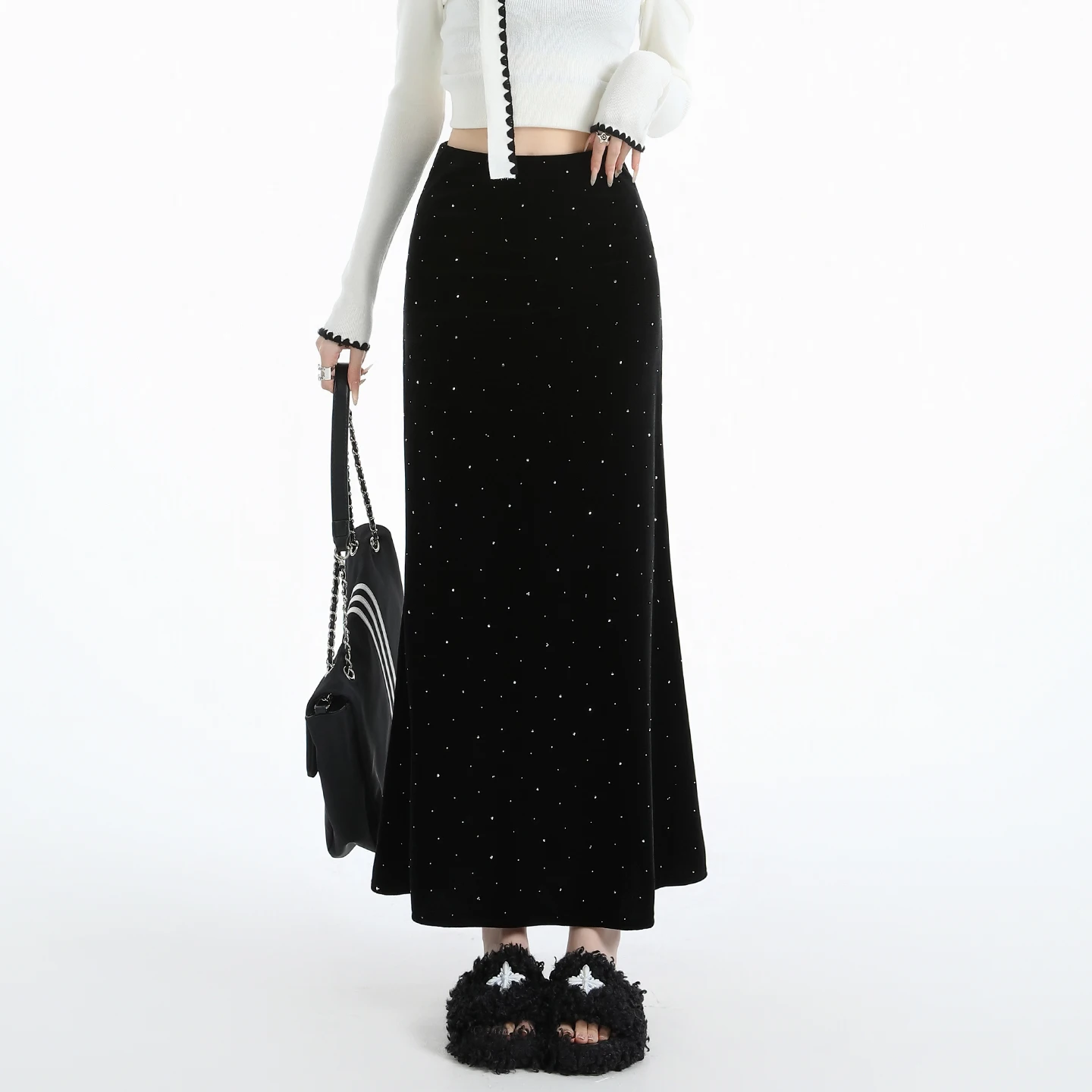 Velvet Midi Skirt Women Gold Hot Pressed High Waist Fishtail A Line Wrap Buttocks Slim Fit Autumn Winter