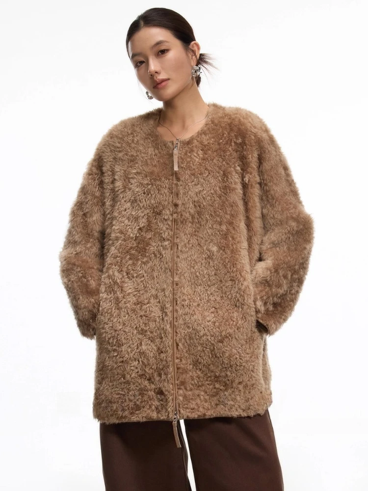 

High-end Luxury Lacon Lamb Fur Plush Jackets Women Simple Stand Collar Mid-length Winter Genuine Leather Real Fur Shearling Coat