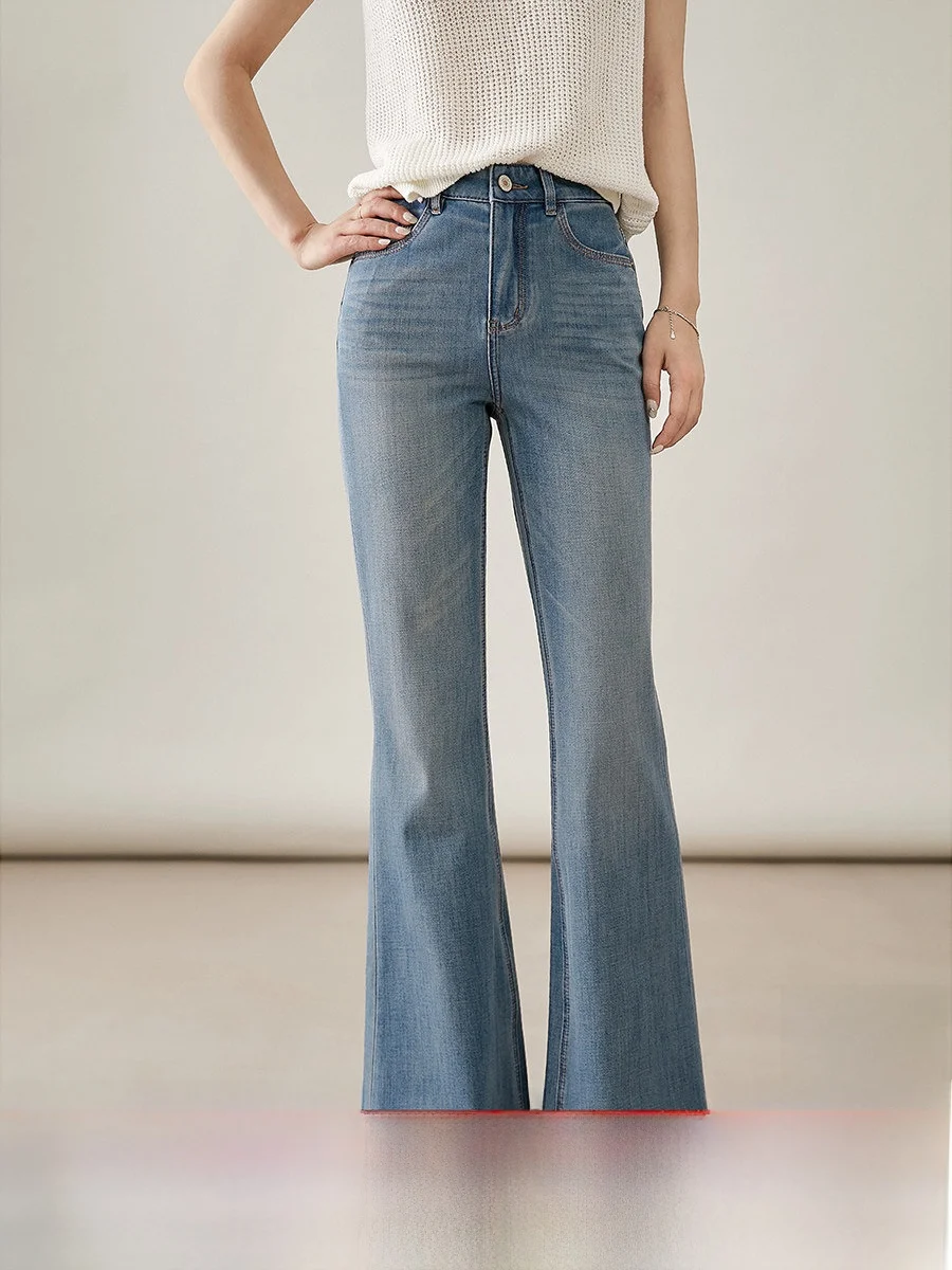 

Женские джинсы с высокой талией и расклешенными штанинами, новинка 2025 года, из шелка Lenzing, свободного кроя, длинные прямые штанины, на молнии, глубокие и светлые цвета