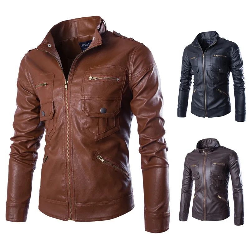 

Autumn and Winter Men's Standing Collar Zipper Slim Fit Leather Jacket