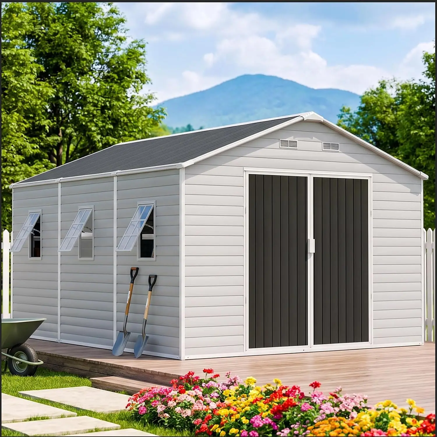 10x14 FT Resin Storage Shed w/Floor, Outdoor Garden Tool House, Heavy Duty Waterproof, Dove Grey, Customized