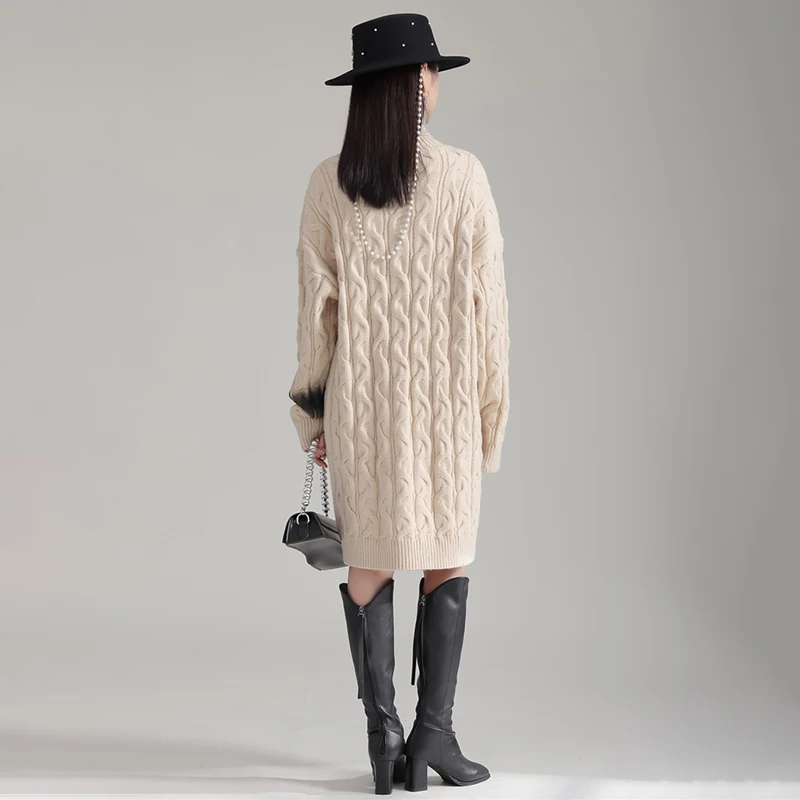 Turtlenecks Knitted Long Sweater Dress Women Cotton Pullover Top Loose Thick Vestidos Mujer 2024 Autumn Winter