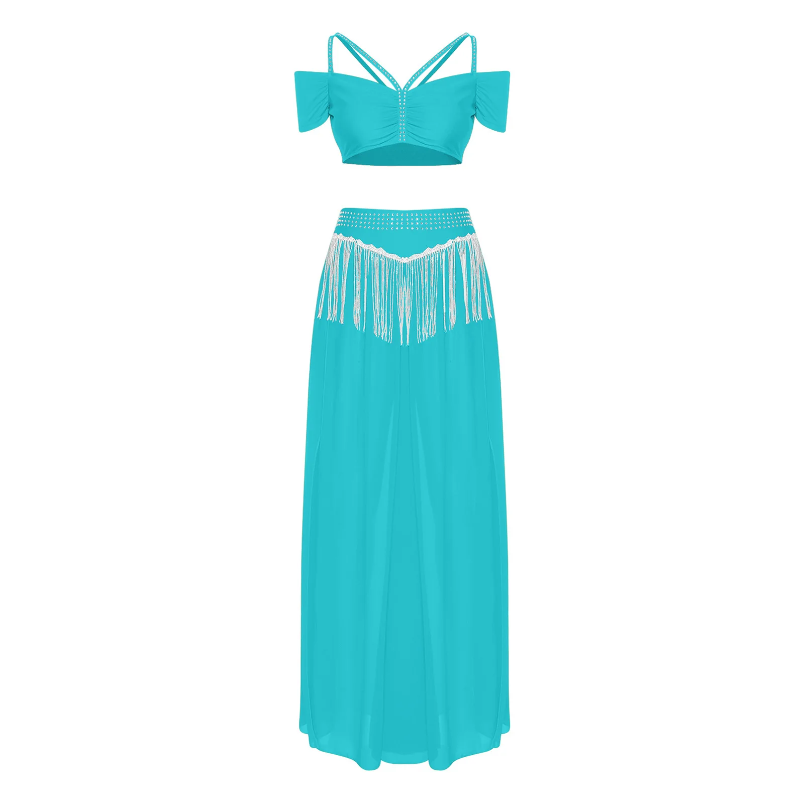 Women Oriental Indian Belly Dance Outfits Halloween Arabian Princess Costume Cold Shoulder Crop Tops with Tassel Slit Culottes