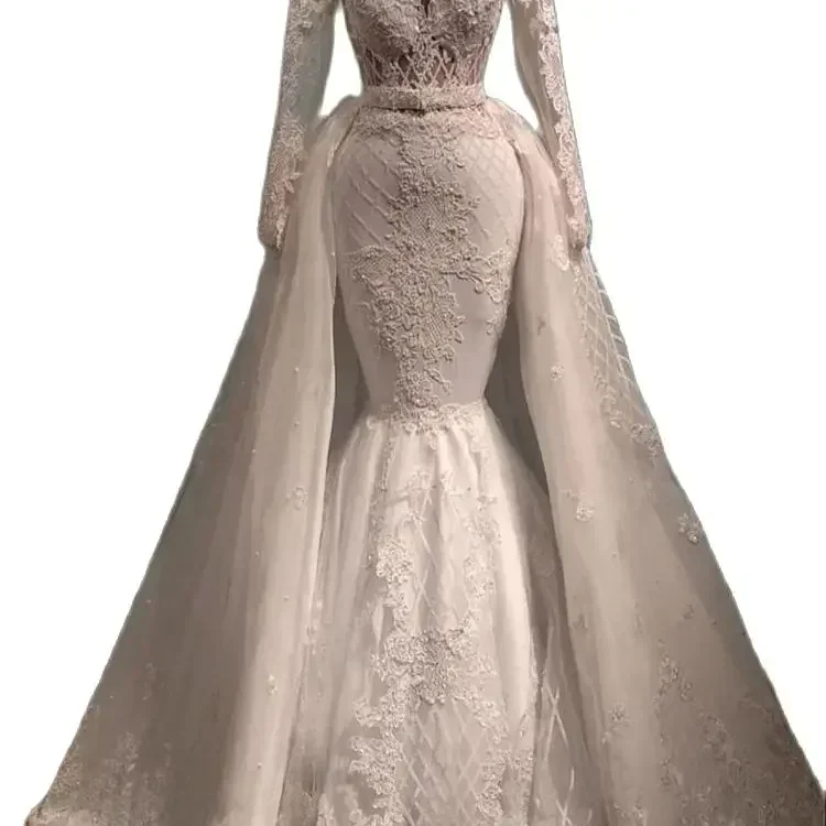 Customized Wonderful Scoop Neckline Lace Appliques Mermaid Bridal Dress With Detached Train Long Sleeves Vestido De Novia 2025
