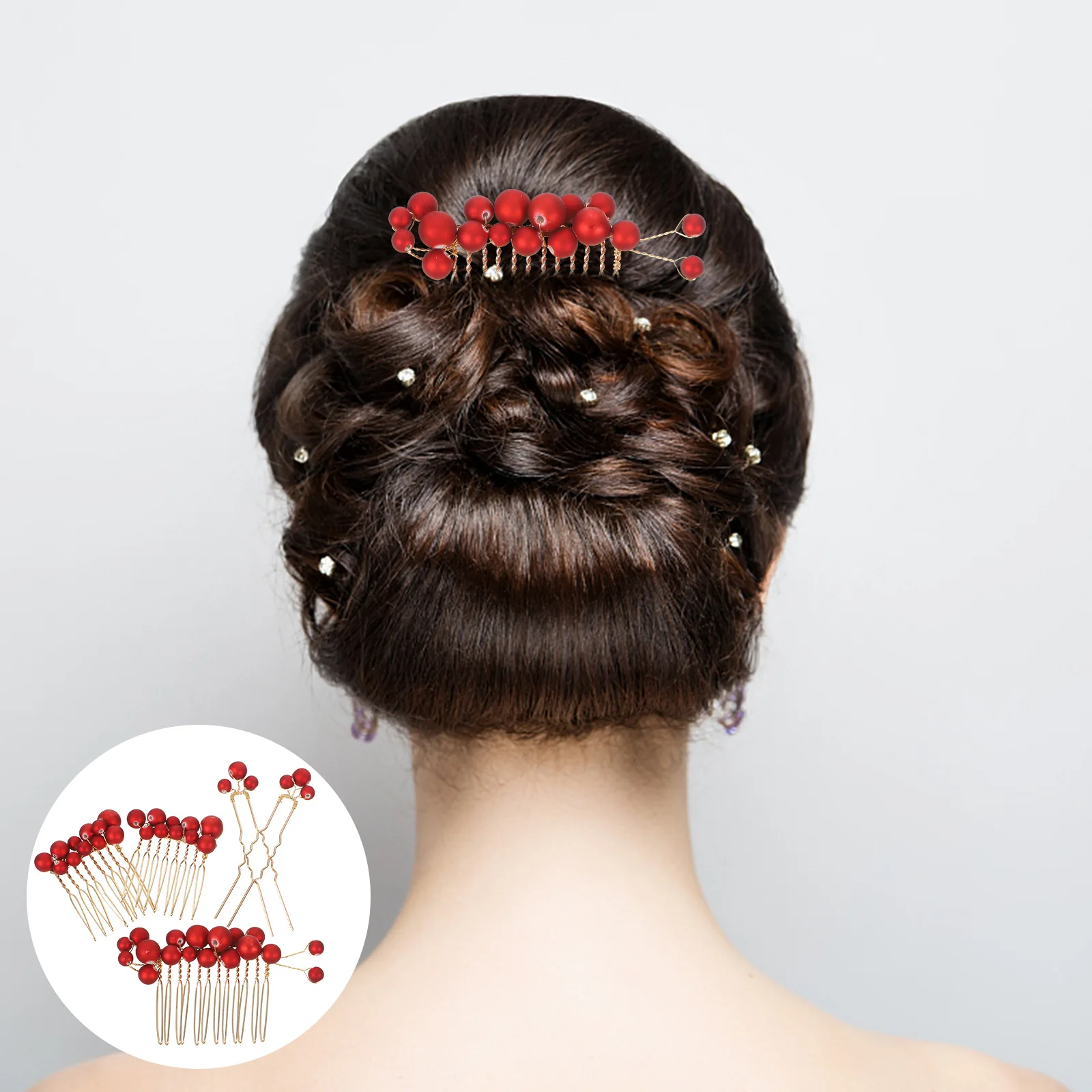 

3 Combs 2 Pins Green Pearl Gold Copper Wire Bridal Hair Accessories Wedding Hairpins for Women Girls U Shaped Combs Hair