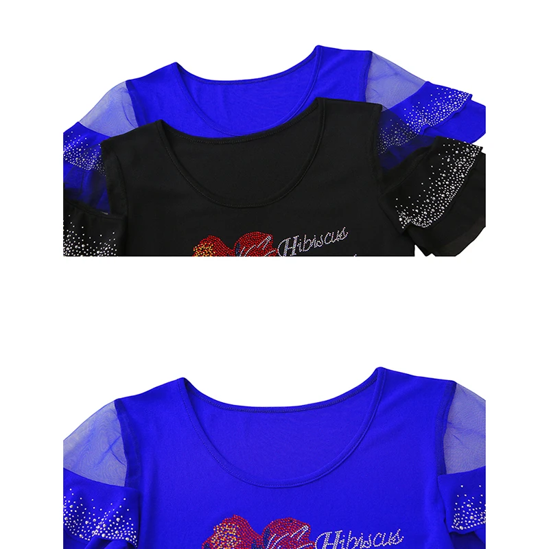 2025, nuevo, verano, europeo, ropa, camiseta, moda, Sexy, cuello redondo, patchwork, brillante, diamantes, flor, mujeres, Tops, manga con volantes, camisetas, 5505