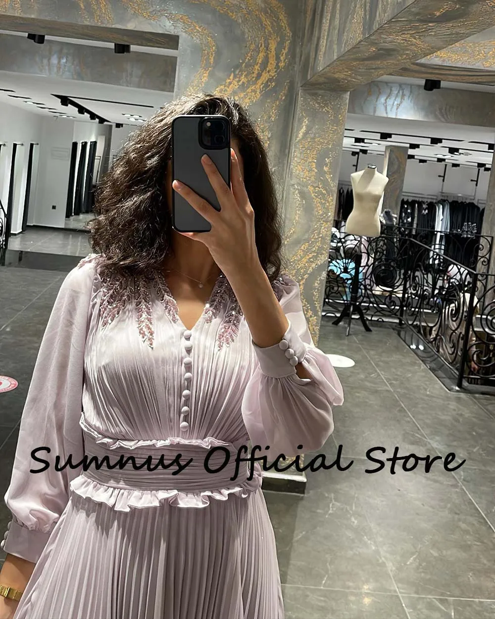 Sumnus White Chiffon Long Sleeve Evening Dresses Beads V Neck Pleats Ruched Midi Prom Party Dress Customized Dubai Formal Gowns