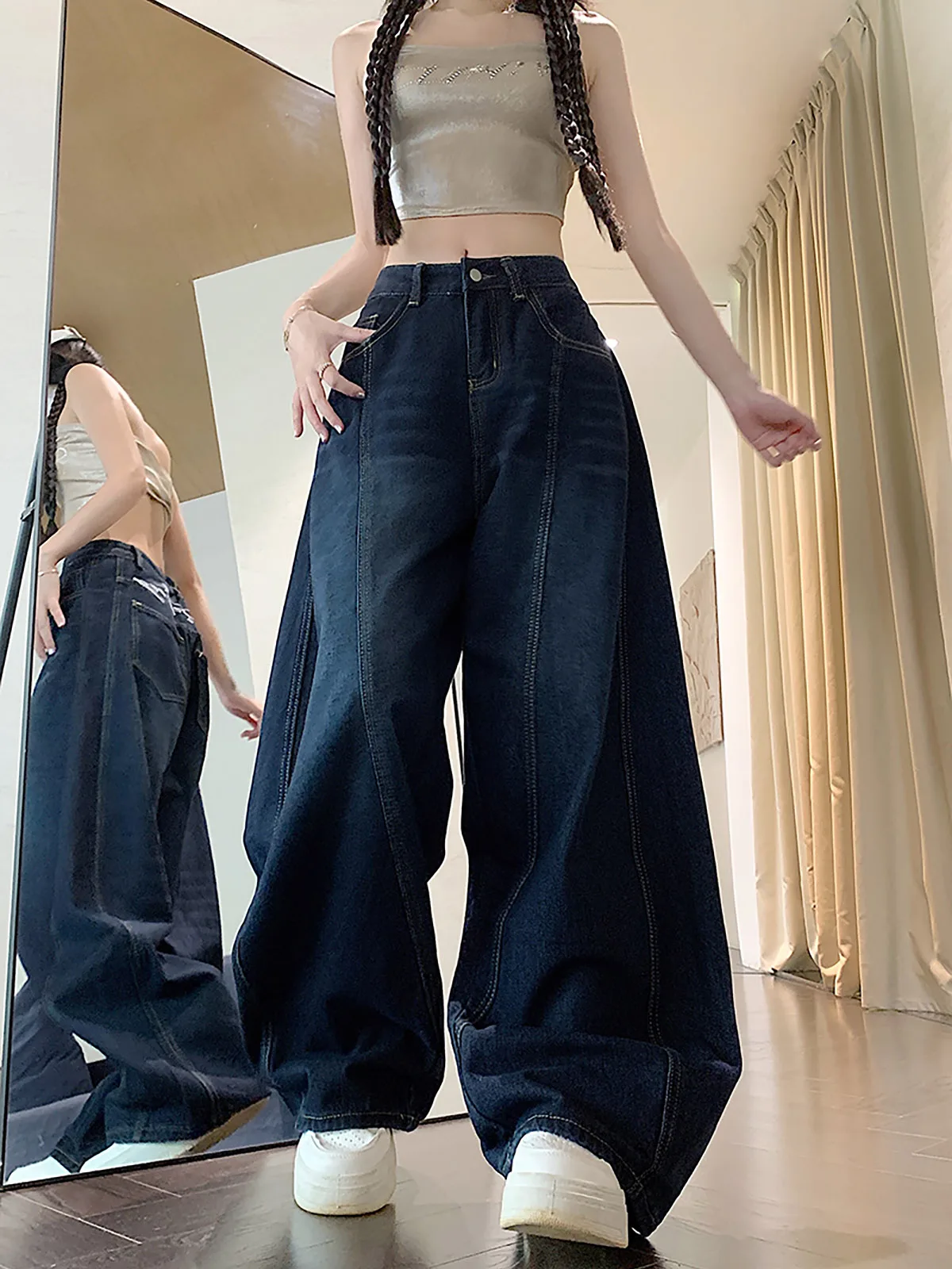 

3D Design Slimming Wide Leg Jeans Harlan Long Pants Men Women Vintage Loose Fit Casual Straight Cut Blue Denim Youth Fashion