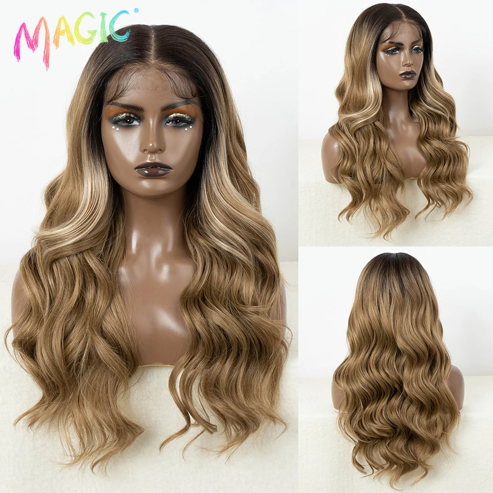 Magic Synthetic Lace Front Wigs for Women 13x7 HD Synthetic Body Wave Lace Wig Long Ombre Brown Wig Pre Plucked Cosplay Wigs