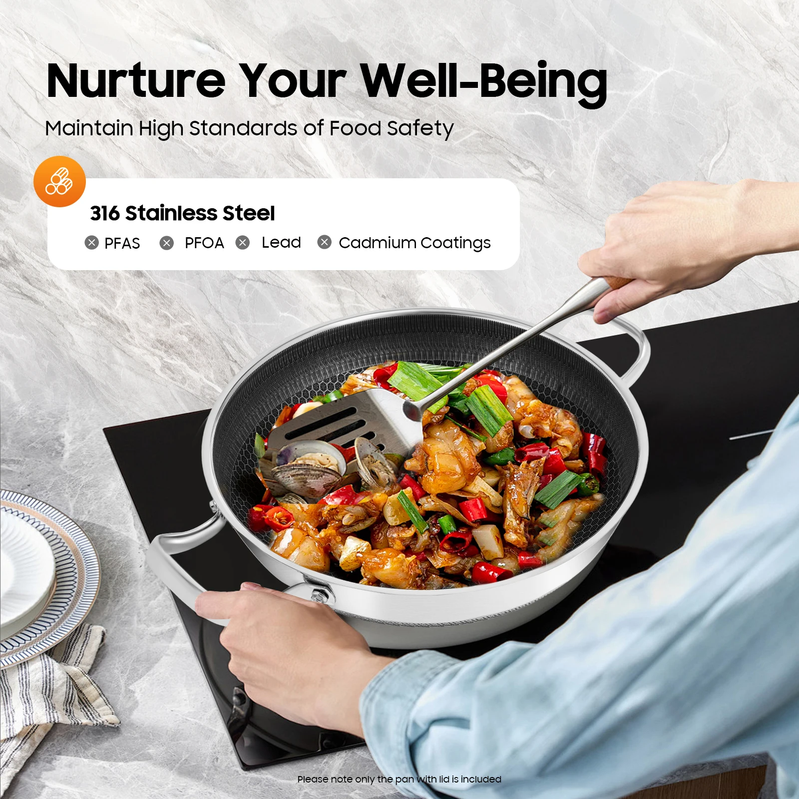 

Сковорода из нержавеющей стали 316, антипригарная, с крышкой для приготовления пищи, сковорода с антипригарным покрытием, сковорода из нержавеющей стали 32 см