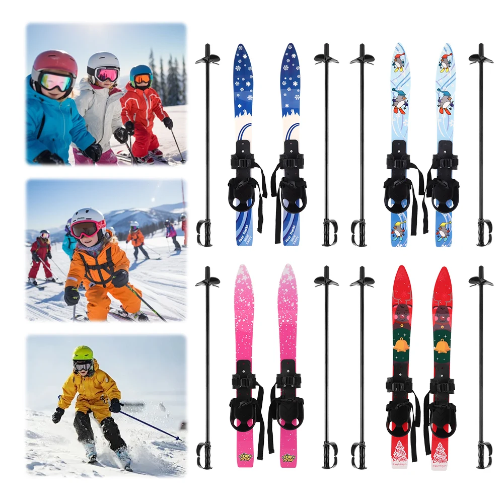 Kids Skiing Snowboard with 1Pair Ski Poles Children Outdoor Sport Snowboard Winter Sports Ski Board for Kids 3-8 Years Old