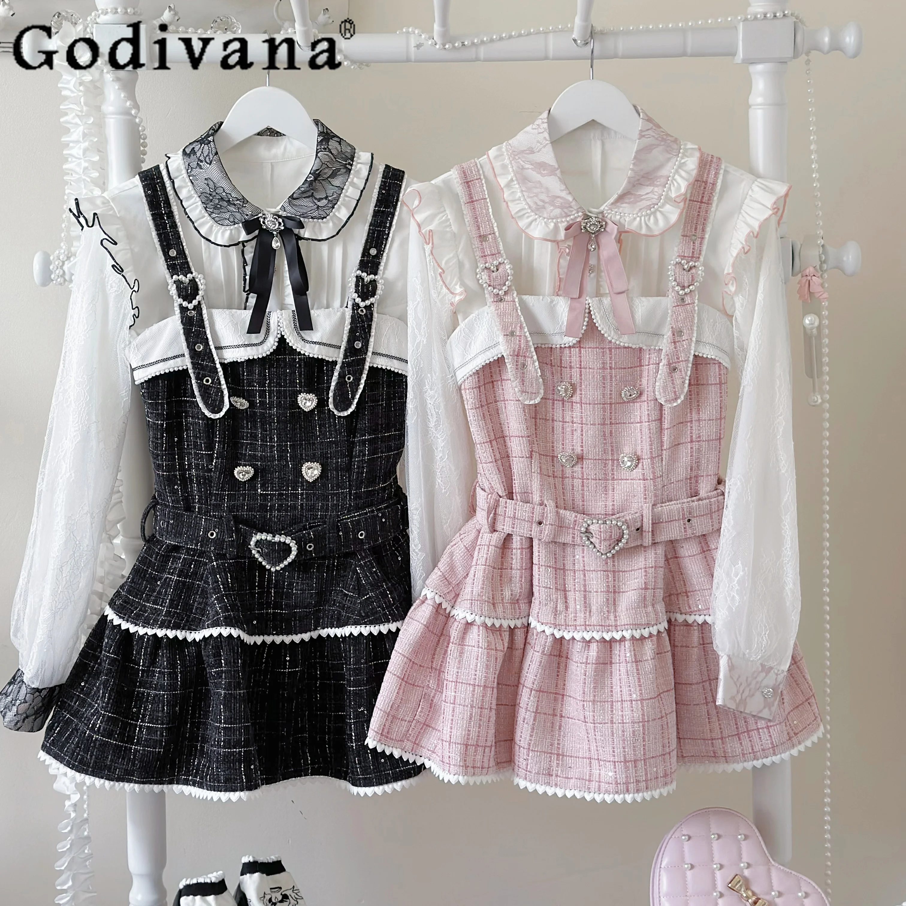 

Японское милое платье в стиле Лолиты для девочек, розовое, черное платье на бретелях, весна-осень, новинка 2025, женский облегающий элегантный комплект-рубашка