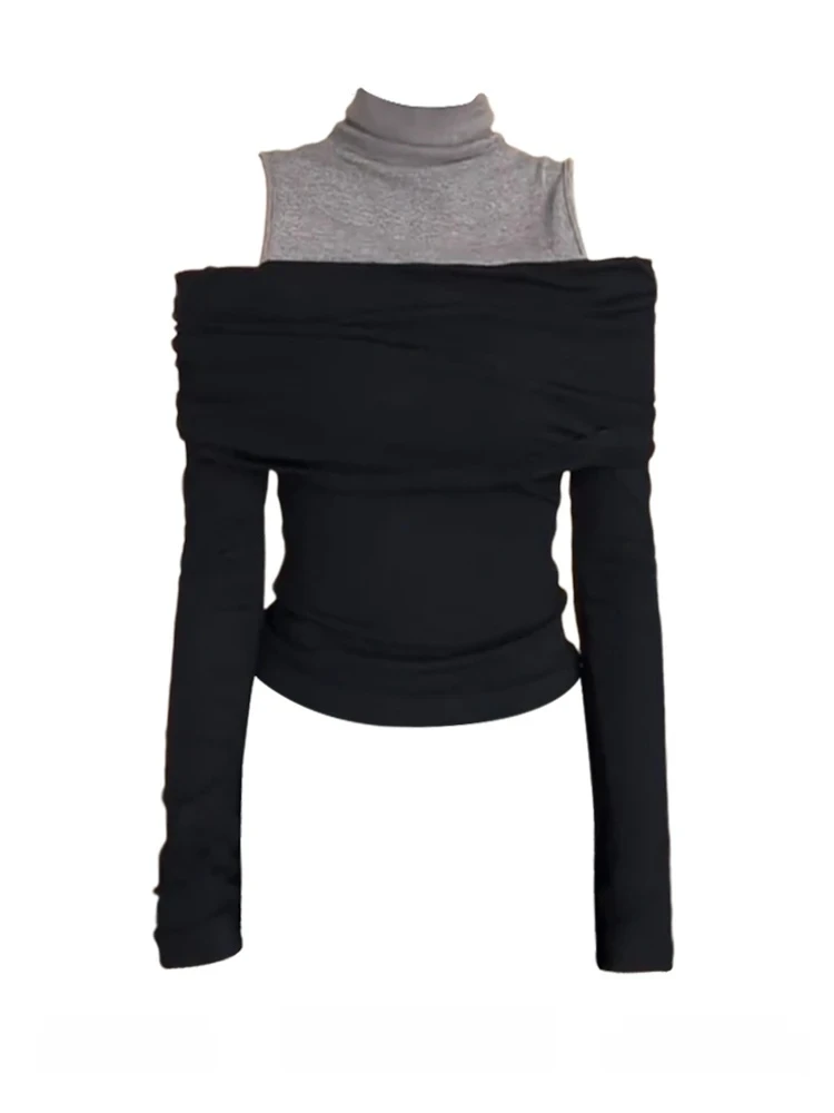patchwork color-blocking off-the-shoulder long-sleeved T-shirt for women's autumn outfit design unique and distinctive top