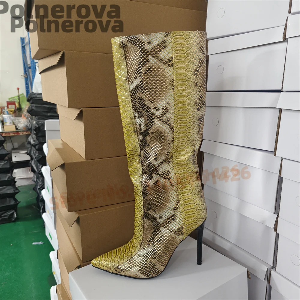 Snakeskin Splicing Knee High Boots for Women Stiletto High Heels Pointed Toe Leather Boots Colorblock Yellow Brown Western Shoes