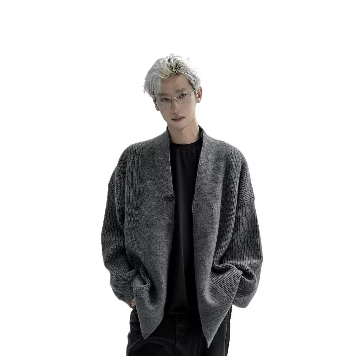 

Autumn Winter V-Ne Pure Color Knitted Sweater Men's Casual Faion Retro Sle Loose Fit Long Sve Polyester Fiber