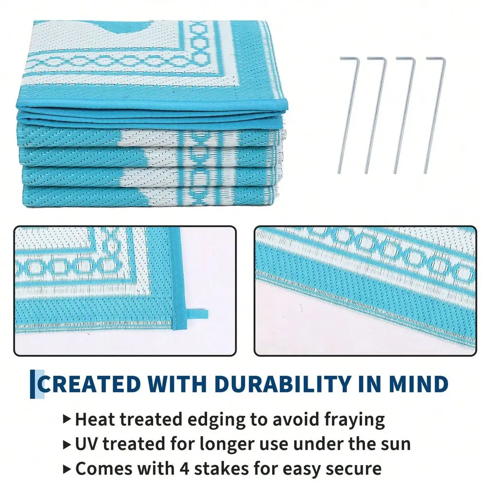 

Light Blue Modern Geometric Scolloped Pattern Outdoor Area Rug For Balcony Pool RV Waterproof Reversible Mat Palm Vintage Straw