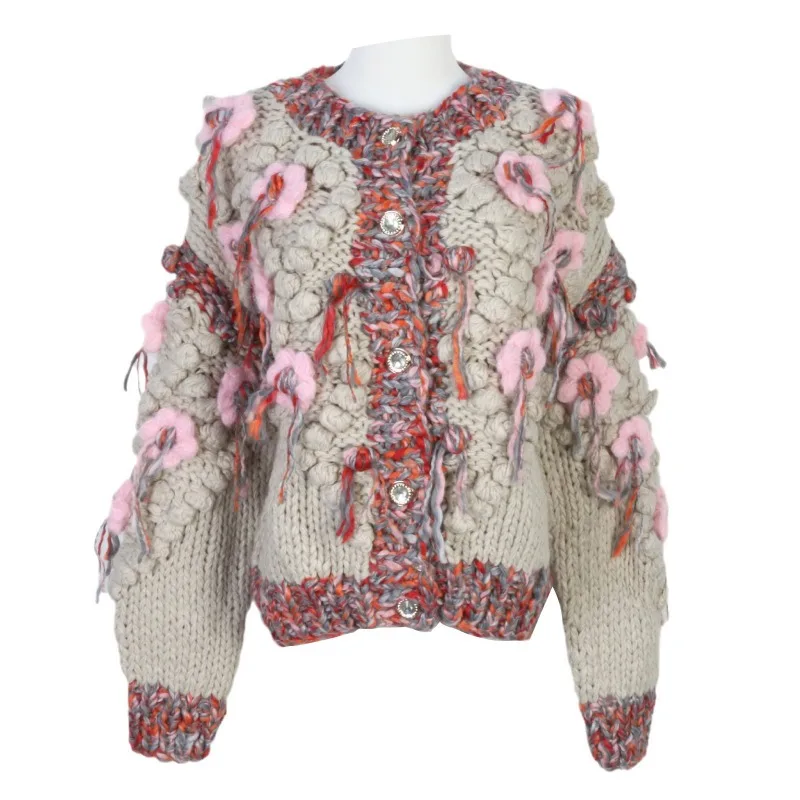 Color Clash Hand-knitted Jackets Tassel Decoration 3d Flowers Loose Dark Blue Sweaters Single Breasted Sweet Mori Girl Overcoats