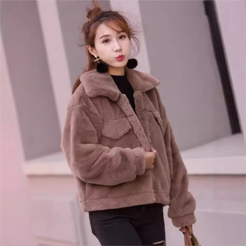 Artificial fur mixed coat lapel loose and fashionable warp knitted women's clothing plush clothes