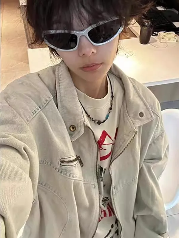 

Цветная блузка с американским уличным дизайном, свободная джинсовая куртка с воротником-стойкой для мужчин и женщин, модная весна-осень